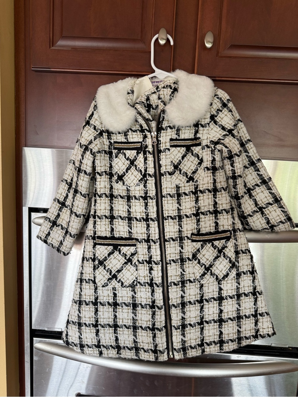 Blueberi Boulevard Black & White Plaid Tweed Girls' Coat with Faux Fur Collar